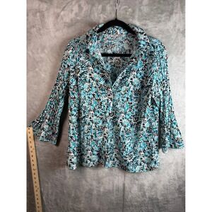 FRED DAVID Blouse Womens L Turquoise Brown Floral Stretch Button Front Shirt